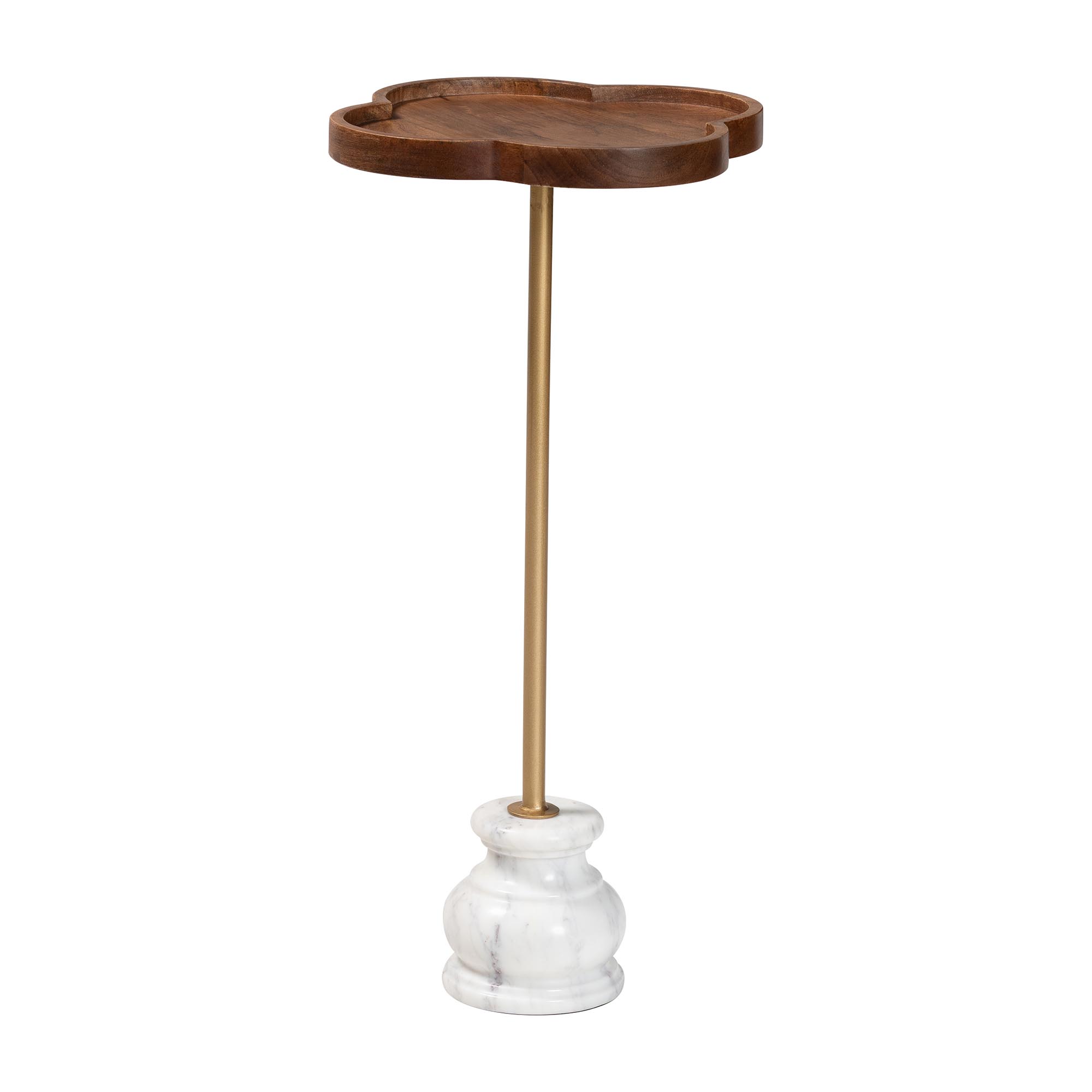 Baxton Studio Gezana Drink Table with Marble Base - Compact Pedestal Accent Table with Clover Tray Top for Living Room or Sofa Side